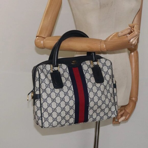 GUCCI GG Supreme Sherry Line Hand Bag PVC Leather Navy Red - Picture 1 of 16